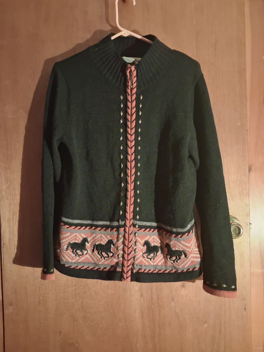 Dark Green Women's Wool-Blend Zip Cardigan with Horse Motif